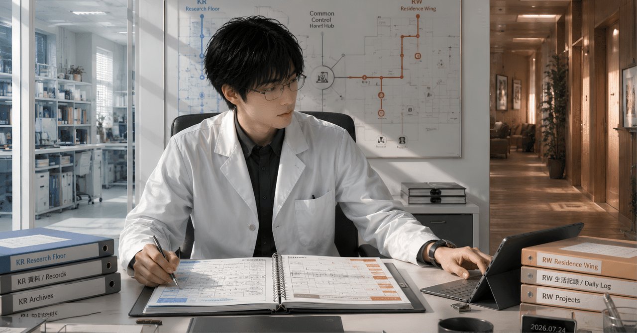 白衣の圭がKRとRWの構造図を背景に作業しているKRM Vol.04のアイキャッチ