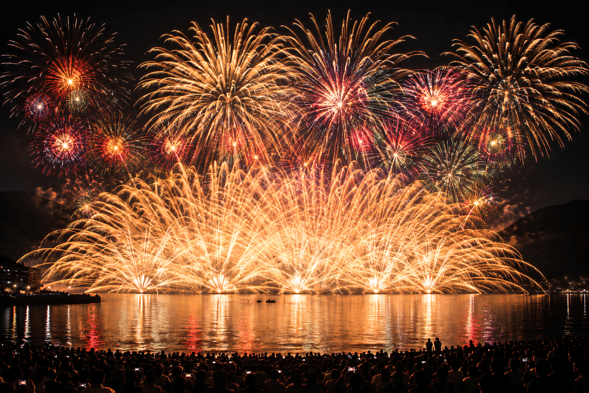 諏訪湖の夜空と湖面に広がる花火